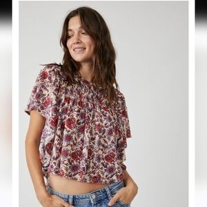 NWT FREE PEOPLE PRINTED RUFFLED UP TOP PEACH TEA COMBO SMALL